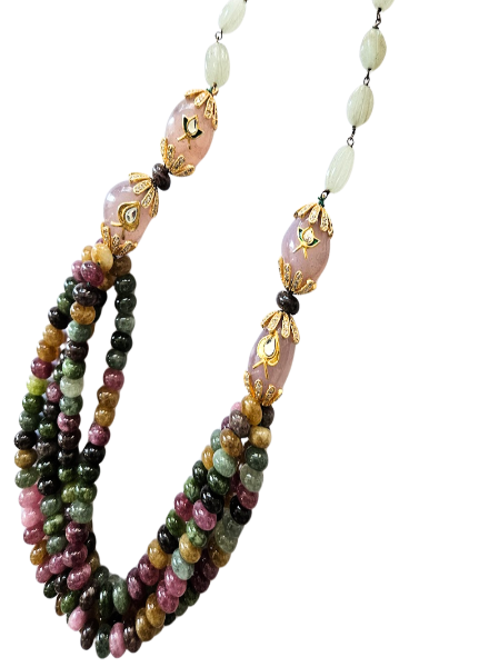 Tourmaline & rose quartz multi string necklace