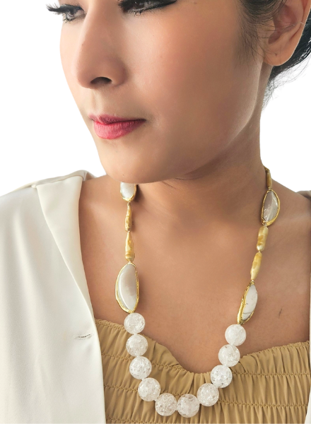 White crystal & gold pearl necklace