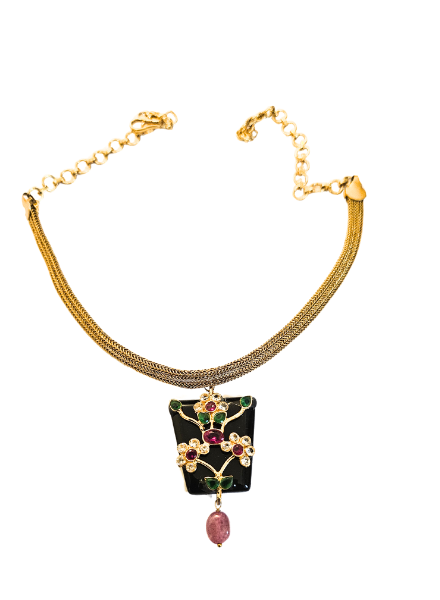 Black onyx pendant on gold chain
