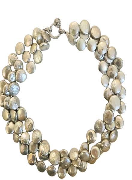 Elegant grey coin pearl multi string