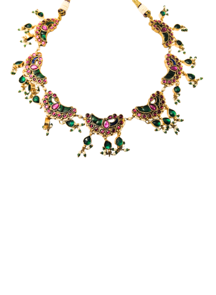Ornate necklace with green and pink gemstones