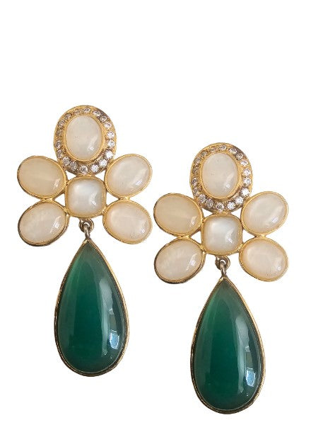 Moonstone & green jade flower earrings