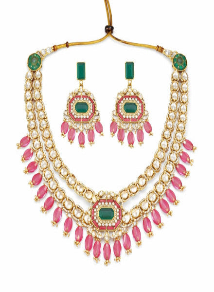 Jewelry set with pink and green beads