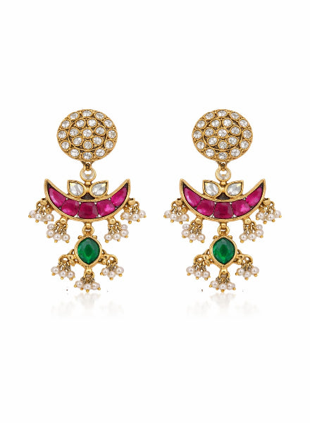 Pair of gold earrings with pink and green gemstones