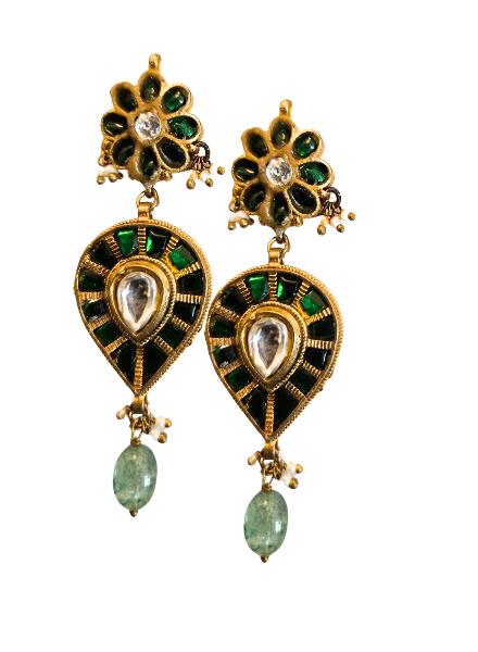Green kundan drop earrings