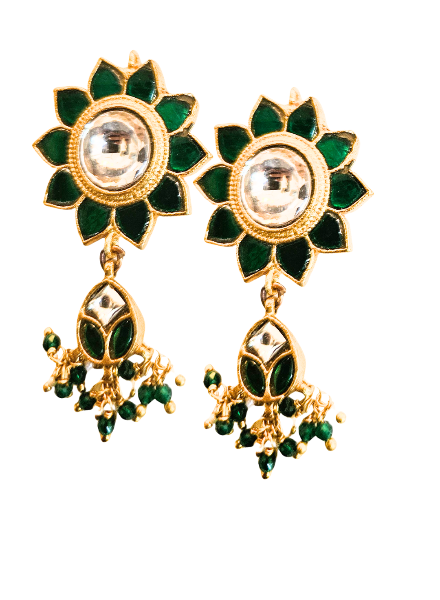 Green kundan flower earrings