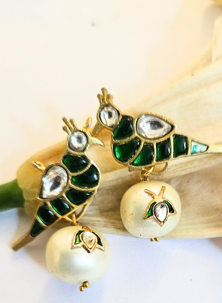 Green bird kundan earrings