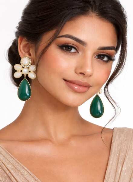 Moonstone & green jade flower earrings