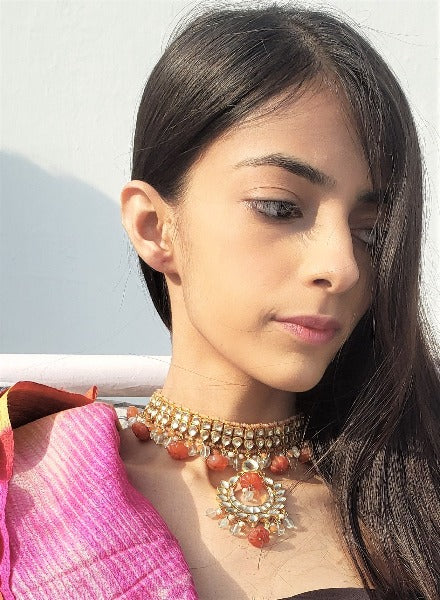 Kundan necklace with coral mushroom beads