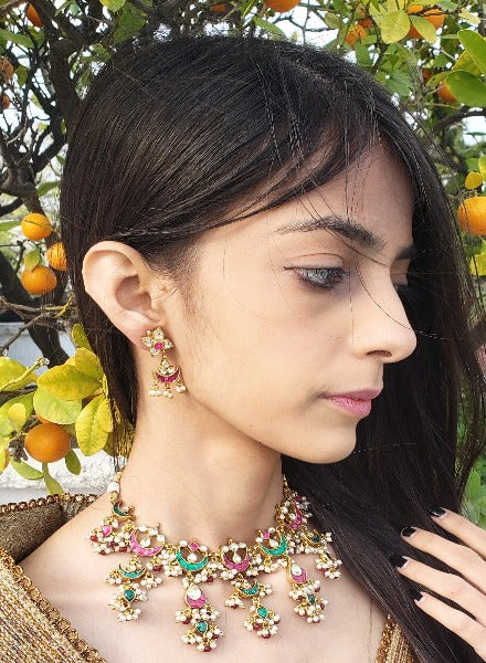 Ruby onyx crescent necklace with earrings