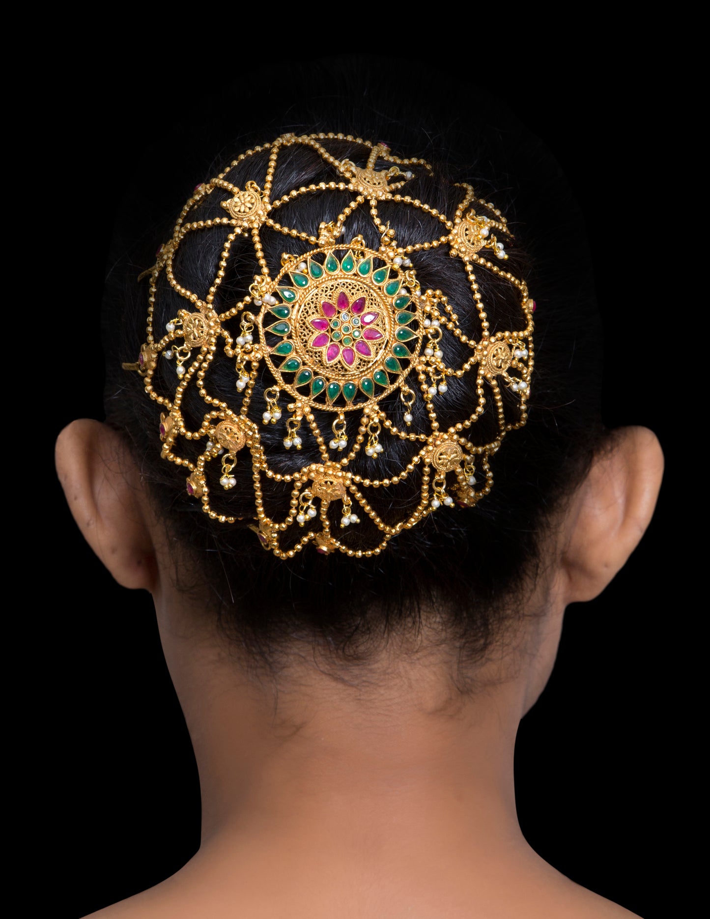Gold ball with faux ruby & emerald bun accessory