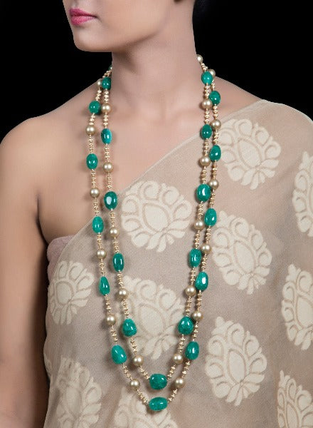 Emerald rondelles with gold beaded necklace