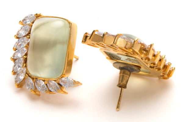 Pale green phrenite & zirconia leaf stud earrings
