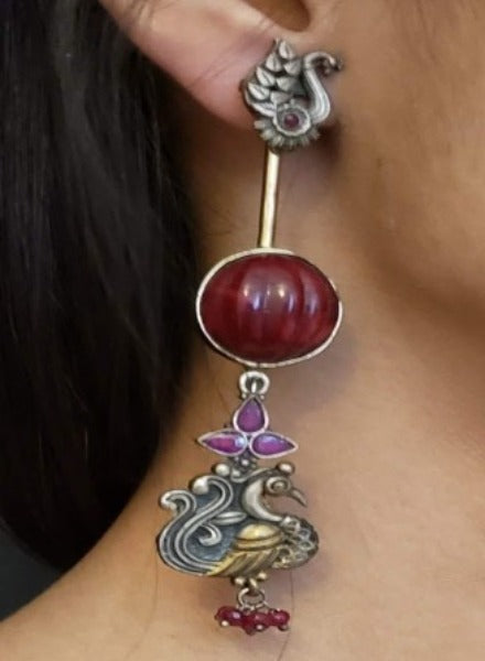 Silver ruby Bird earring