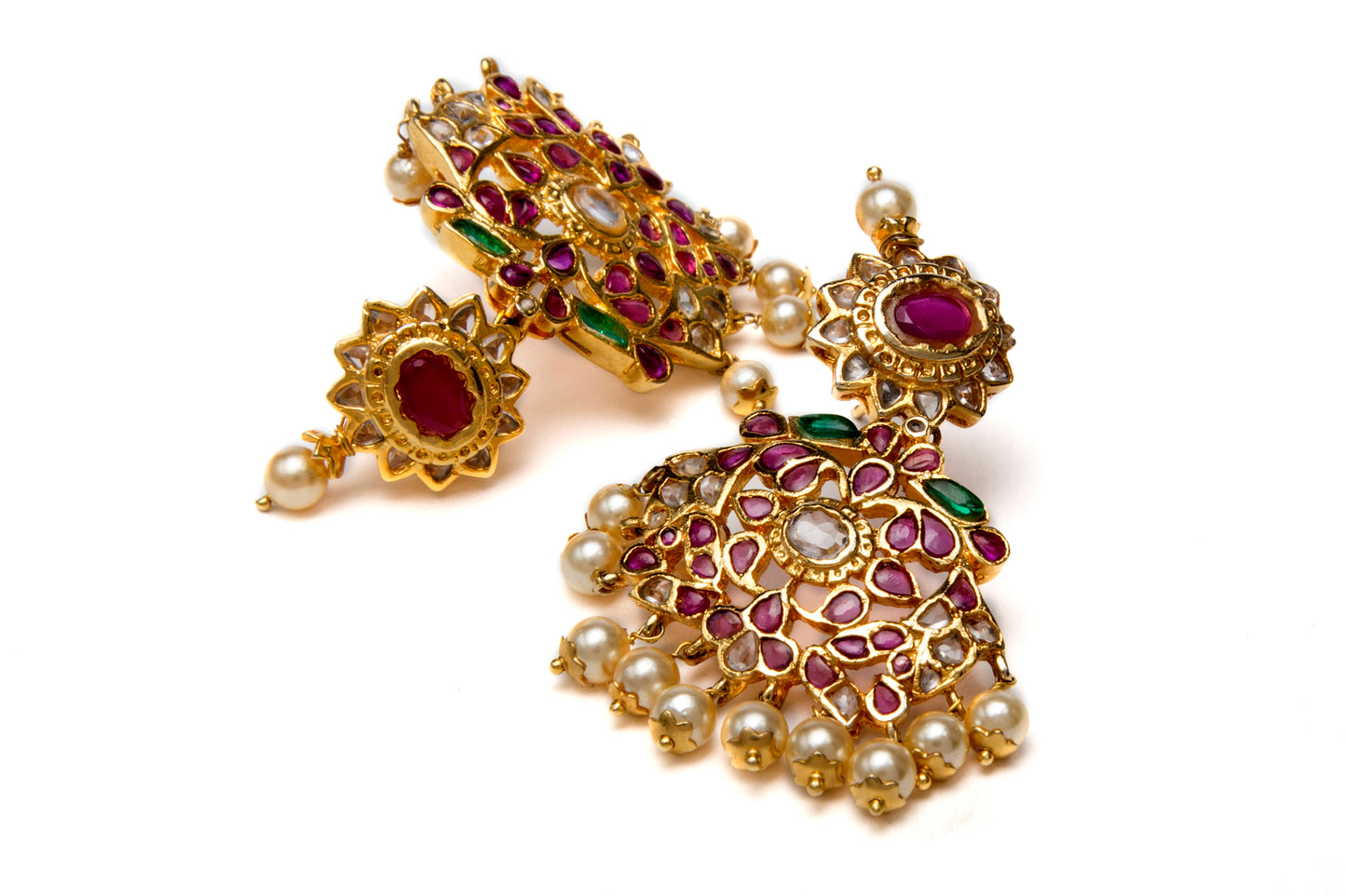 Ruby elliptical earrings with pearl drops