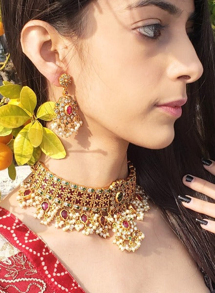 Traditional ruby & gold choker with earrings