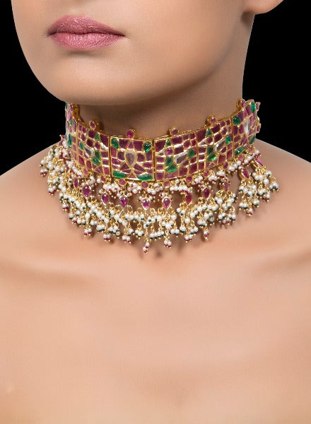 Ruby & emerald bird choker with pearls