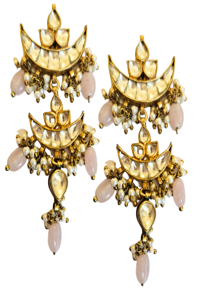 Kundan and rose quartz crescent earrings