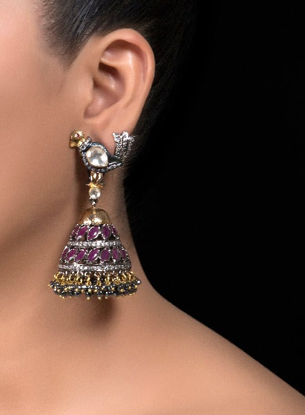 Kundan bird earrings with Ruby jhumkas