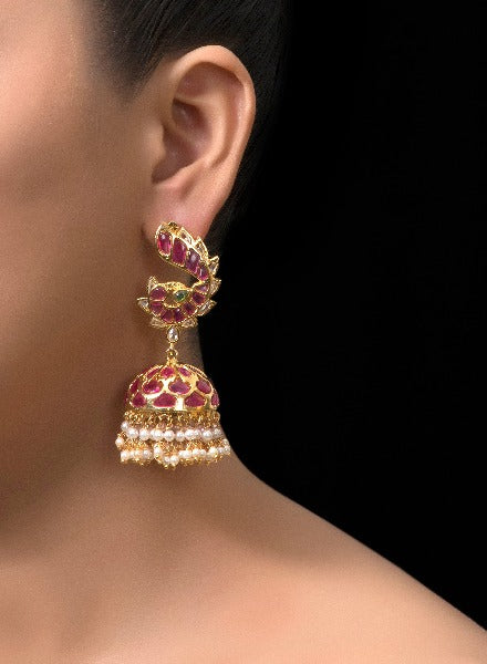 Ruby and pearl jhumki bird earrings