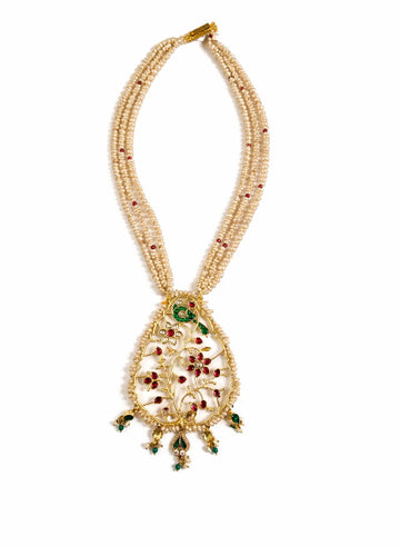 Drop kundan pendant on pearl necklace