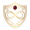 Decorative emblem with a central gemstone, gold border, and infinity symbol.