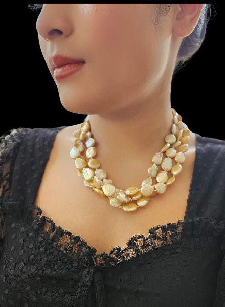 Champagne coin pearl multi string