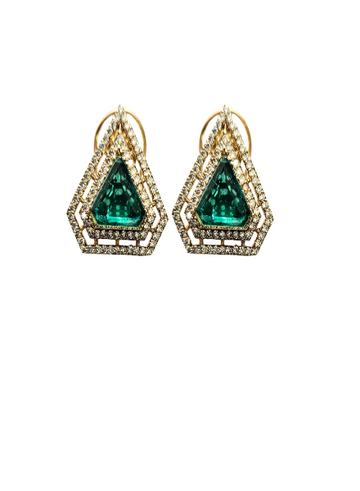 A pair of triangular faux emerald earrings with zirconia accents, gold-colored bands.