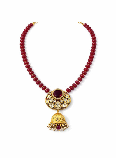 Red beaded necklace with a gold pendant