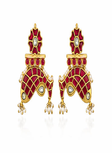 Pair of gold and red earrings