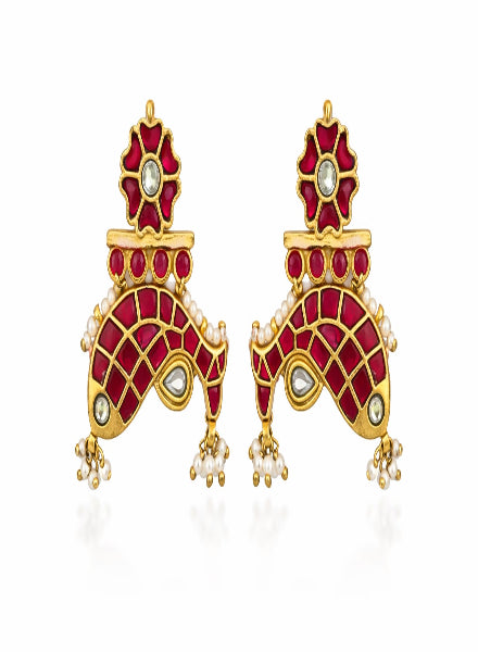 Pair of gold and red earrings