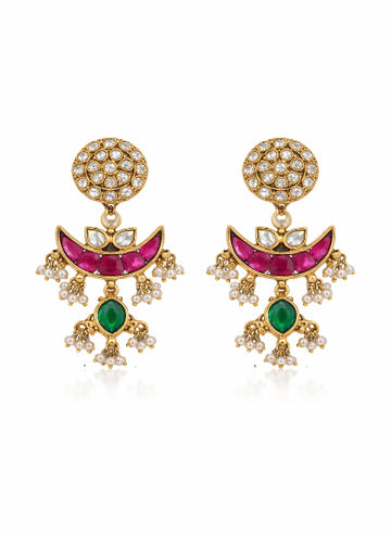Pair of gold earrings with pink and green gemstones 