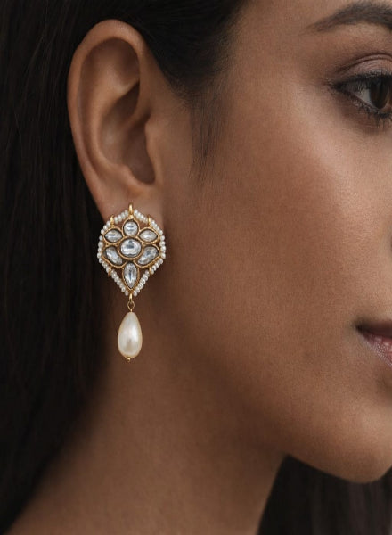 Pearl drop White Kundan Earrings