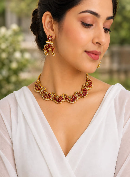Ruby Kundan fish necklace set