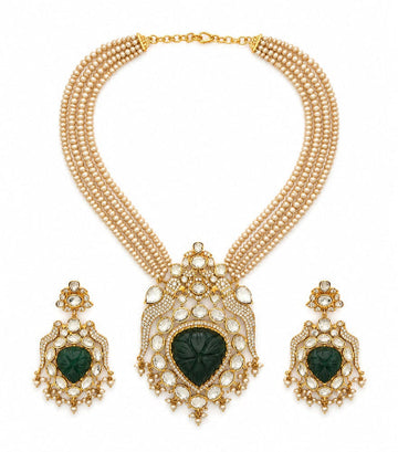 Carved jade and pearl bird necklace