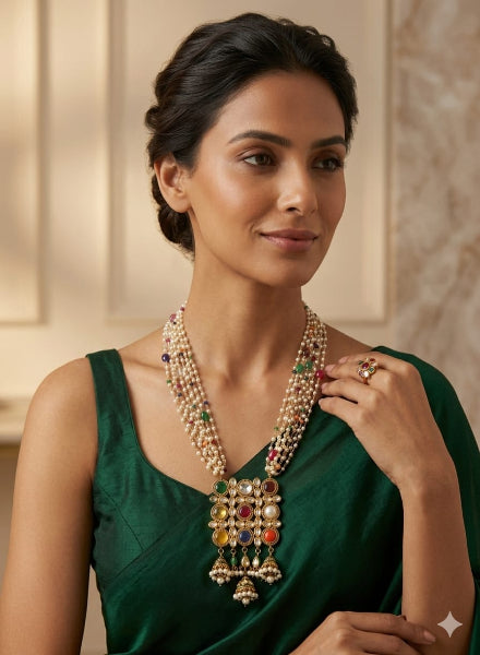 Navrattan and pearl silver pendant