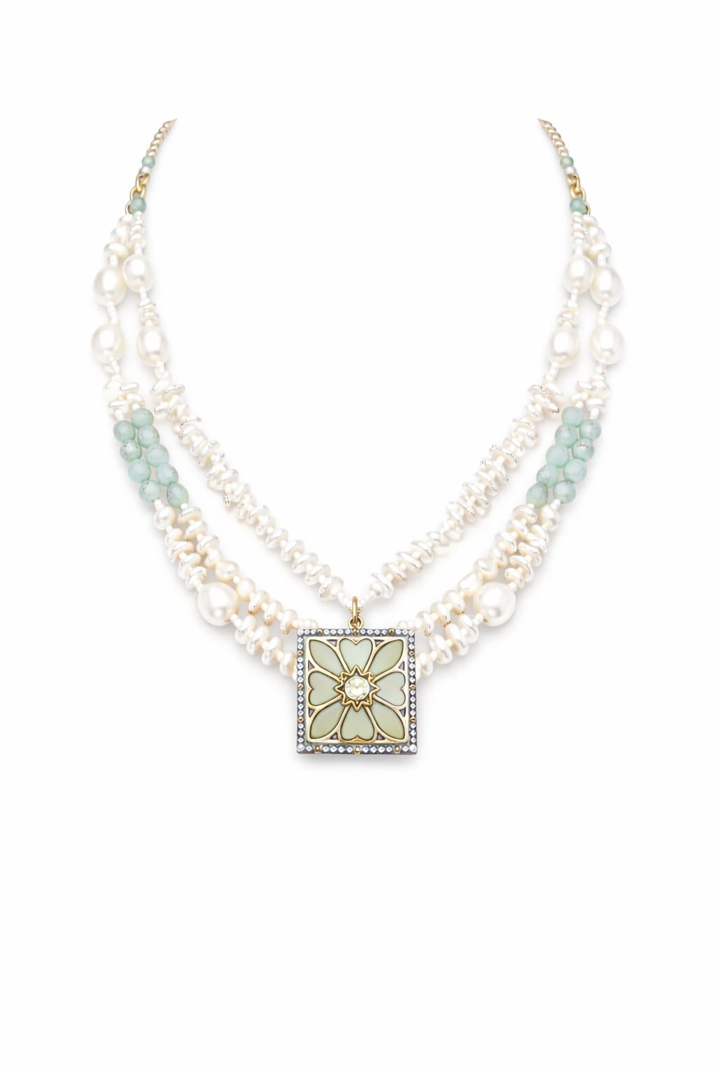 Multi-layered pearl and gemstone necklace with a square pendant