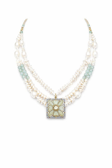 Multi-layered pearl and gemstone necklace with a square pendant