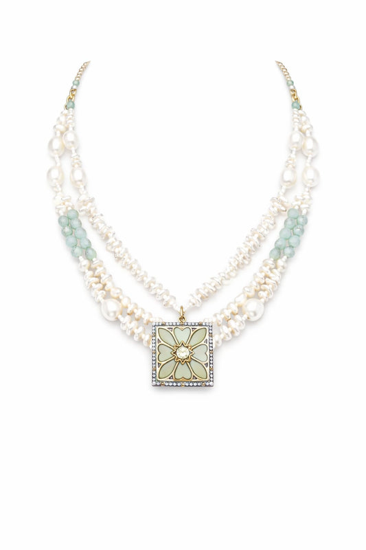 Multi-layered pearl and gemstone necklace with a square pendant