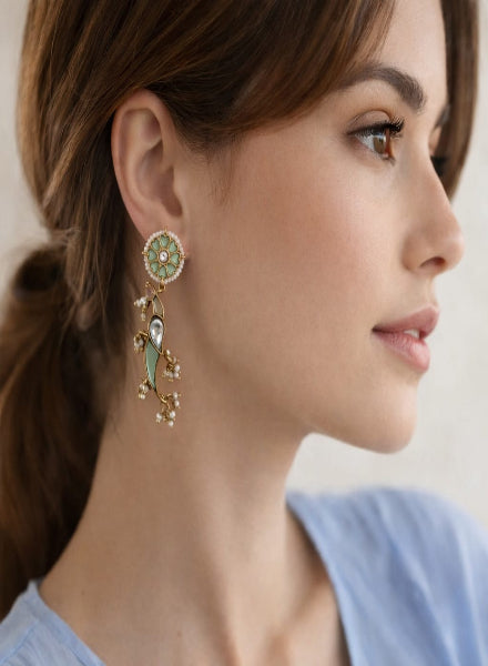 Close-up of a woman wearing a decorative earring 