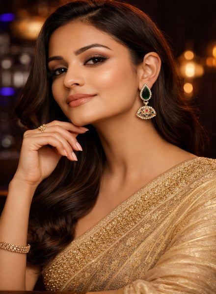 Green Onyx Kundan Meena pure silver Earrings