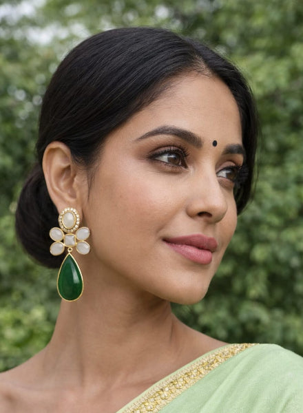 Moonstone and green jade pure silver earrings