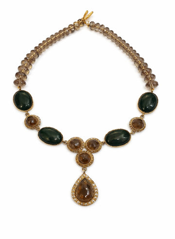 Encased chrysocolla cabachon & smoky quartz necklace