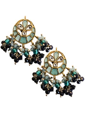 A pair of turquoise kundan earrings with gold-colored metal and blue accents, designed for traditional wear.