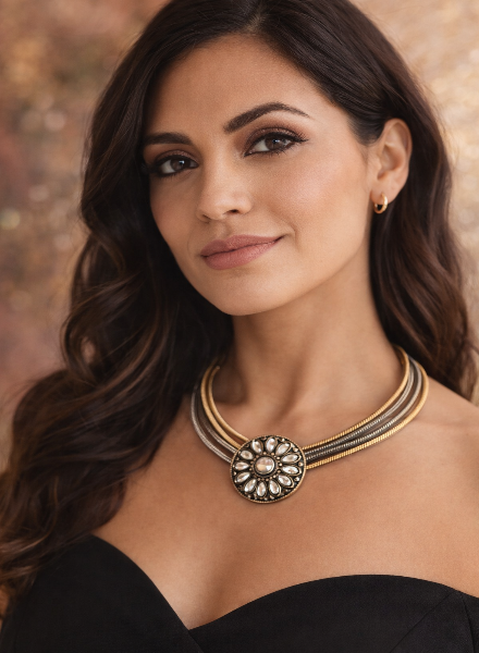 Woman wearing a decorative necklace 