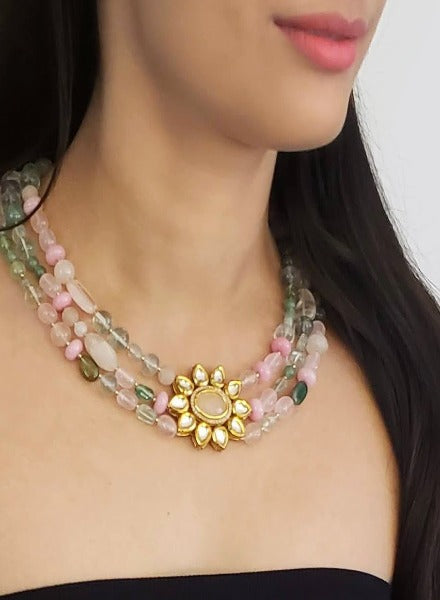 Kundan necklace aventurine & rose quartz