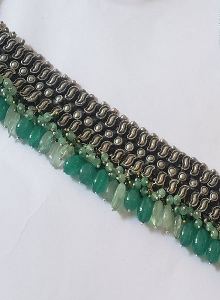 silvertone  choker with green drops