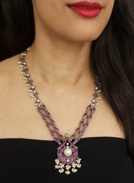 Silver tone ruby necklace