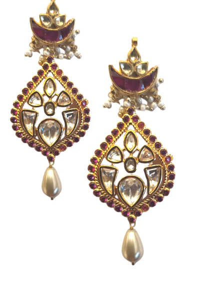 Simple Kundan and Pearl Drop Earrings with Ear Chain Classic Indian Sahara  — Discovered