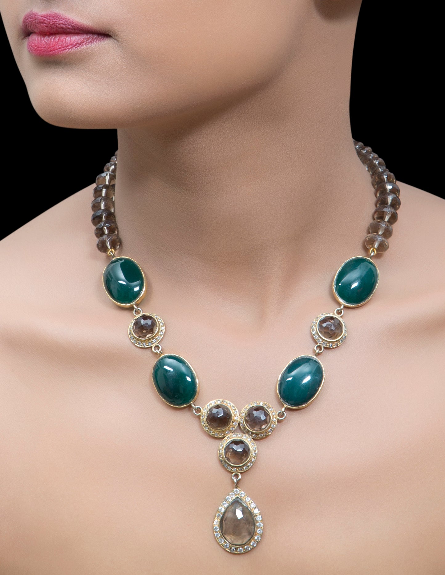 Encased chrysocolla cabachon & smoky quartz necklace